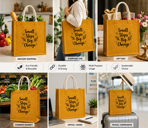 Jute Shopping Bag <b>Small</b> <b>Steps</b> Big Change Print Cotton Rope Handle 40x35x15cm Mustard Yellow Reusable Tote Bag - Product Image 5