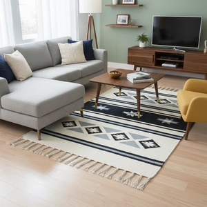 Alfombra de Algodón Tejida a Mano con Diseño Floral de Tres Tonos, Moderna, Lavable a Máquina, Reversible, Negra, para Camping, Hogar, Picnic - Product Image 1