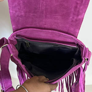 Bolso Bandolera de Piel Vacuna con Flecos, Lujoso y a la Moda, para Mujer, de Alta Calidad, en Gamuza Rosa Genuina - Product Image 6