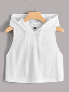 White Sleeveless Hooded <b>Crop</b> Tank Women's Shirts Custom Embroidered Lace Knitted 100% Cotton Eco-Friendly Slim Fit Ribbed Gym - Product Image 3