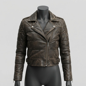 Men Leather Look Padded Biker <b>Jacket</b> Quilted Shoulder Zip Belted Waist <b>Cropped</b> Winter <b>Jacket</b> OEM ODM - Product Image 1