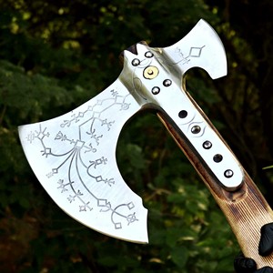 Hacha Vikinga Decorativa Hecha a Mano, con Grabado, Doble Cabeza, Hoja de Acero Forjado, Mango de Madera, para Camping y Bricolaje - Product Image 5