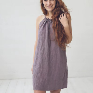 Vestido Maxi de Lino para Mujer, Tirantes Finos, Cuello Mao, Casual, Holgado, Estilo Bohemio, Ecológico, Corte en A, Vestido de Verano - Product Image 1