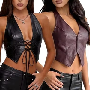 Top de cuero para mujer, top corto sin mangas de piel sintética para mujer, precio de fábrica, pedido al por mayor - Product Image 1