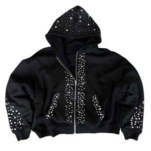 Men Cotton Fleece Tracksuit Set Rhinestone Zip Up Hoodie Jogger <b>Pants</b> Oversized Streetwear Winter Wear - Product Image 5