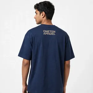 T-shirt décontracté pour homme ONETEN APPAREL, bleu marine, imprimé Moon Pagoda, tissu gaufré, coupe ample, manches courtes, col rond - Product Image 5