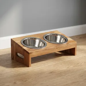 Acacia Wooden Pet Diner with Stainless Steel Double <b>Bowls</b> Elevated Pet Feeding <b>Stand</b> for <b>Dogs</b> Cats and Puppies - Product Image 5
