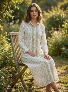 Vestido Camisero Midi de Algodón Blanco con Botones, Estampado Verde, Manga 3/4, para Fiesta de Jardín de Verano, Estilo Boho Chic Ecológico, Cuello Natural, Boutique - Product Image 4