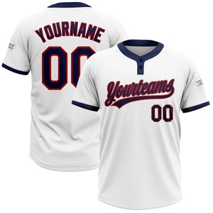 Jersey de Béisbol Blanco y Azul Marino Más Vendido, 100% Poliéster, Malla Bird Eye, Cuello en V, Ribete de Manga en Contraste, Logotipo Personalizado, Nombre del Equipo, Nombre del Jugador - Product Image 1