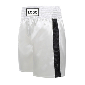 Shorts de boxe en satin bleu pour homme avec bande latérale blanche, taille élastique, style sportif, taille mi-haute, matière tissée respirante - Product Image 2