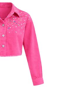 Veste en jean courte rose personnalisée pour femme avec empiècement orné de strass, boutonnée, manches longues, style streetwear décontracté - Product Image 4