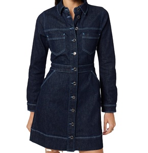 Custom Logo Women Denim <b>Shirt</b> Dress <b>Black</b> <b>Button</b> Sleeveless Casual Knee-Length Ruched Lace Wholesale Clothing Manufacturers BD - Product Image 2