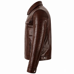 Blouson en cuir véritable marron gaufré pour homme, coupe ajustée personnalisée, style camionneur, fermeture boutonnée, décontracté, pour motard - Product Image 2