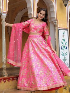Candy Pink <b>Sequin</b> Work Floral Print Backless Organza Lehenga Choli V-Neck Three Quarter Sleeve A-Line Bridesmaid Dress - Product Image 6