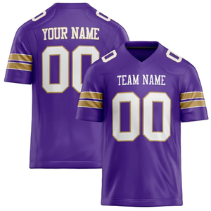 Maillot de football américain personnalisé violet et or, col en V, manches courtes, impression sublimée, polyester respirant, vêtements d'équipe pour hommes - Product Image 3