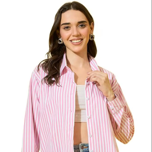 Camisa a Rayas Extra Grande Personalizada al por Mayor para Mujer, Camisa Casual de Oficina de Manga Larga con Botones de Algodón, Fabricante y Proveedor OEM - Product Image 1