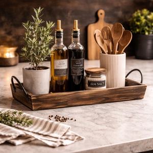 Bandeja Organizadora de Cocina de Madera Maciza de Acacia Premium con Asas de Metal Negro, Hecha a Mano, Moderna, Decorativa, para Almacenamiento, para Bodas - Product Image 3