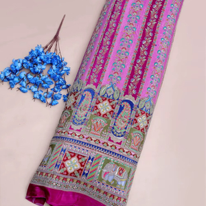 Natural Crepe Rani Pink Floral Stripe Placement PrintFabric With Ornamental Border For Kurti Dress Material Designer Ethnic Wear - Product Image 1