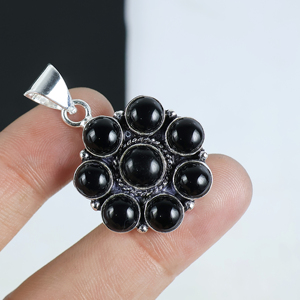 Colgante de Flor de Ónix Negro Natural, Chapado en Plata de Ley 925, Joyería de Racimo de Piedras Múltiples, Collar de Moda al por Mayor - Product Image 5