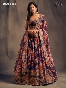 Gorgeous Looking Organza with Floral Print-<b>Sequins</b> & Zari Embroidered <b>Flared</b> Purple Lehenga-Choli Set Indian Supplier - Product Image 6