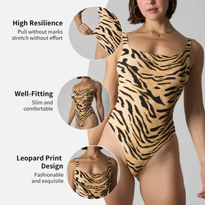 Tiger Print Scoop Neck Thong <b>Bodysuit</b> High Stretch Body <b>Shaping</b> Seamless Swimwear Style Slim Fit Stretch <b>Bodysuit</b> - Product Image 2