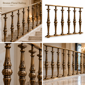 Barandilla de Bronce Vintage con Balaustres con Relieve Floral y Pernos Cónicos Acanalados, Pasamanos y Balaustrada Metálicos - Product Image 5