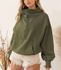 Women's <b>Black</b> Oversized Cropped <b>Hoodie</b> Long Sleeve Stand Collar <b>Zipper</b> Front Solid Color Breathable Knitted Sweatshirt Hoodies - Product Image 6