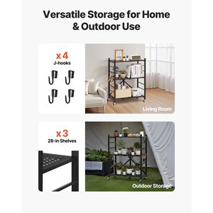 Scaffale Pieghevole a 3 Ripiani 28L x 13P x 36A Pollici, con 5 Ruote, Unità di Stoccaggio in Metallo Senza Montaggio, Organizzatore per Conservazione Alimenti - Product Image 3