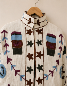 Manteau d'extérieur confortable toutes saisons Jaipur, motif nuit étoilée, col mandarin, manches longues, bleu marine, bordeaux, bleu, ivoire, motif talisman folklorique - Product Image 2