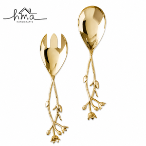 Brass <b>Gold</b> Floral Branch Handle Salad <b>Serving</b> <b>Spoon</b> and Fork Set Elegant Decorative Tableware - Product Image 1