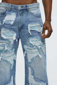 Jeans de Mezclilla Rotos de Pierna Ancha para Hombre, Cintura Alta, Estilo Desgastado, Algodón, Estilo Urbano, Corte Holgado, Estilo Veraniego - Product Image 2