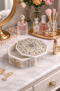 Boîte de rangement pour bijoux en marbre moderne de forme octogonale blanche, écologique, avec incrustation de pierres semi-précieuses, cadeau de luxe fait à la main - Product Image 5