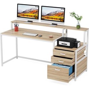 Scrivania Ergonomica da Ufficio da 63 Pollici con Supporto Monitor, Tavolo Industriale per Computer Stampato con Cassettiera Portadocumenti - Product Image 1