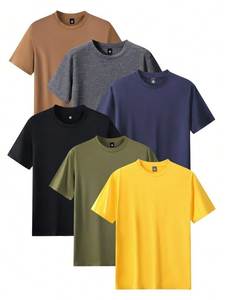 Camiseta de Algodón de Manga Corta con Cuello Redondo para Hombre, Color Liso, Corte Regular Informal, Transpirable - Product Image 1