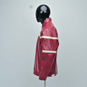 Factory Made <b>Mens</b> Red Real Leather <b>Jacket</b> With <b>White</b> Stripes Zipper Closure Turn-down Collar Casual Style Autumn Wear <b>Jackets</b> - Product Image 2