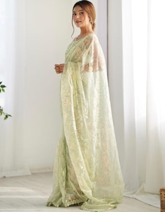 KV Women's <b>Net</b> <b>Light</b> Green Embellished Designer Saree With Unstitched Blouse - Product Image 4