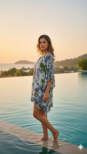 Sleek Tie <b>Dye</b> Kaftan Mini Dress <b>Blue</b> Green Cotton Summer Tunic Women Boho Beach Coverup Indian Ethnic Loungewear Boutique - Product Image 4