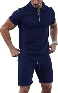 Conjunto de dos piezas para hombre, camisa polo con cremallera de color sólido informal de verano y pantalones cortos, conjunto de dos piezas de poliéster transpirable de punto. - Product Image 6