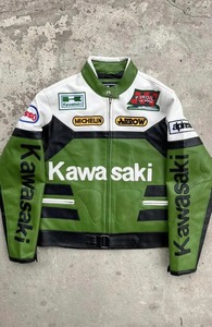 แจ็คเก็ตหนัง Kawasaki Ninja สีเขียวขาวแบบสั่งทำพิเศษสำหรับผู้ชาย หนังวัวแท้ 100% - Product Image 1