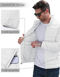 <b>Men's</b> <b>White</b> Lightweight <b>Puffer</b> <b>Jacket</b> Stand Collar Zipper Closure Windproof Casual Winter Wear Slim Fit Solid Color - Product Image 4