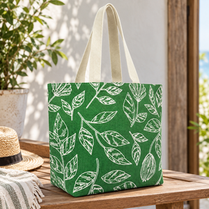 Sac fourre-tout de plage en jute non laminé, imprimé feuilles vertes, 42 x 32 x 14 cm, avec poignée plate en ruban de coton blanc de 60 cm, logo personnalisé, vente en gros - Product Image 6