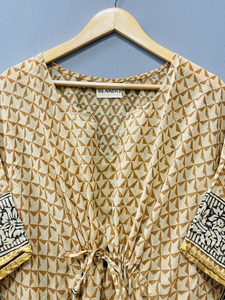 Vestido Kaftán Largo con Estampado Artesanal, Kaftán de Verano con Estampado Geométrico Bagru, Kaftán Corto de Algodón para la Playa, Vestido Midi de Algodón - Product Image 5