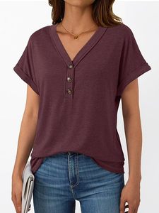 T-shirts à manches courtes et col en V pour femmes, hauts décontractés et élégants pour l'été, style Henley, coupe ample, basique, tenue de printemps 2026 - Product Image 4