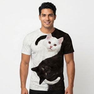 Men's Solid Black <b>White</b> Short Sleeve O-Neck Casual Regular <b>Fit</b> Breathable Quick Dry Digital Printed Polyester Knitted <b>T</b>-<b>Shirt</b> - Product Image 4