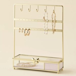Wholesale Gold Metal Jewelry Organizer with Glass <b>Box</b> Storage Drawer for <b>Earrings</b> and Bracelets - Product Image 1