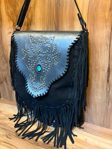 Handmade Black Genuine Leather Fringe Crossbody Bag with Turquoise <b>Stone</b> & Studded Floral Tooled Flap | Western Boho Shoulder Pu - Product Image 3