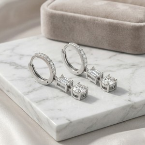 1.40 CTW Vintage 14K Gold Plated Round & Emerald Cut Lab Grown Diamond Two-<b>Stone</b> Huggie Dangle Earrings IGI Certified - Product Image 2