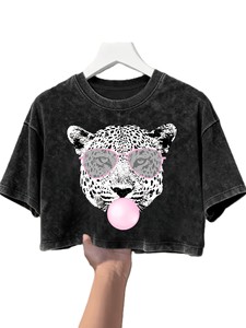 Women's Crop <b>Top</b> T-Shirt With Leopard Print Pink Sunglasses And <b>Bubble</b> Gum Design Casual Loose Fit Short Sleeve Crew Neck Spring - Product Image 1