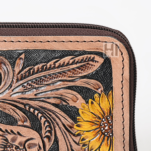 Venta caliente personalizable cuero de vaca plegable billetera Floral cierre de cremallera Vintage borla RFID monederos múltiples ranuras largas - Product Image 6