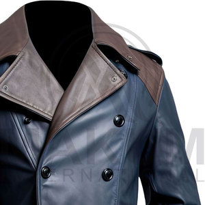 Manteau long en cuir véritable marron pour homme avec fermeture à boutons, col rabattable, coupe-vent, veste décontractée d'automne - Product Image 3